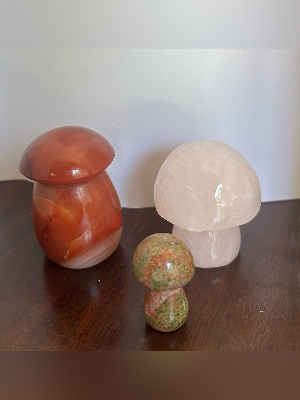 Carved Gemstone Mushroom Set - Rose Quartz, Carnelian, Unakite
